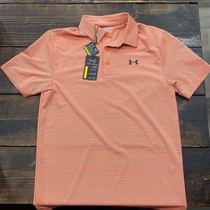 Shirt: Under Armour Golf    Size: Men’s Small    Color: Orange/Gray (Stripes)